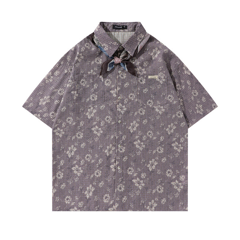 Y2K mens shirt retro loose shirt pleated floral men's casual short-sleeved tie shirt