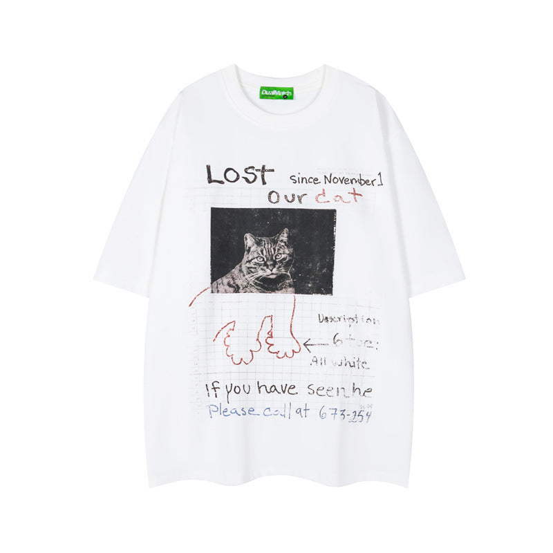 Hip Hop Shirts For Boys Vintage Cat Head Print Crew Neck Short Sleeve T-Shirt Summer Loose Casual Top