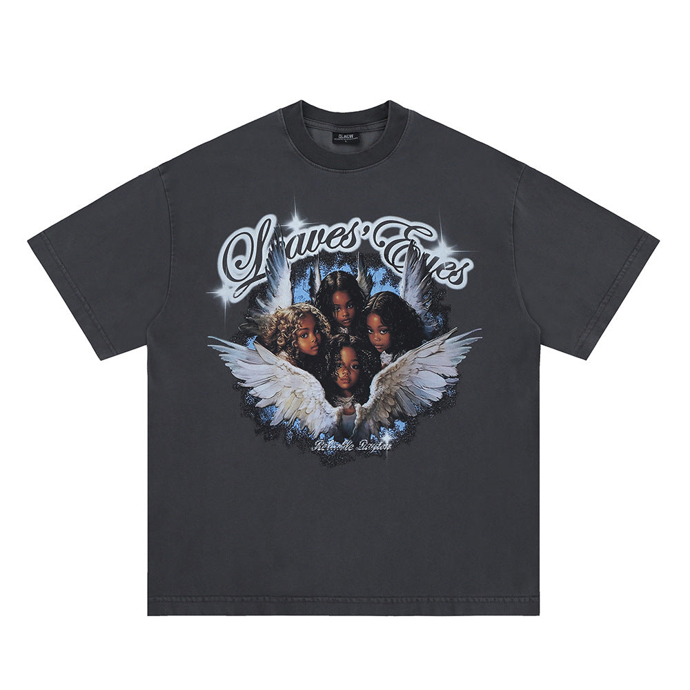 Vic Streetwear Summer Vintage Angel Print Crew Neck Short Sleeve T-Shirt
