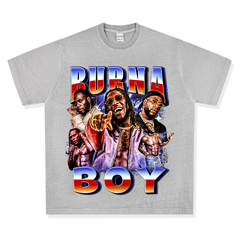 Streetwear masculino vintage hip hop Burna Boy print short sleeve t-shirt
