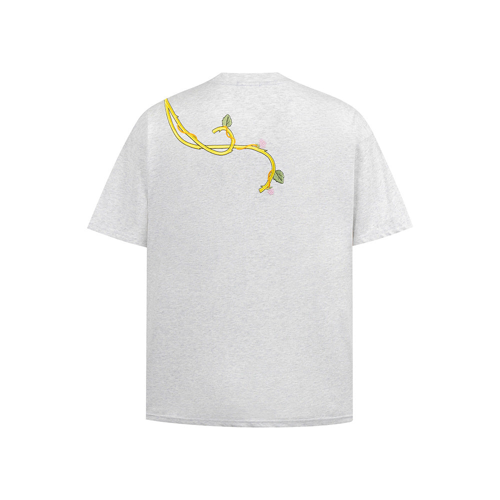 New York Hip Hop Style Vintage Floral Embroidery Crew Neck Short Sleeve T-Shirt