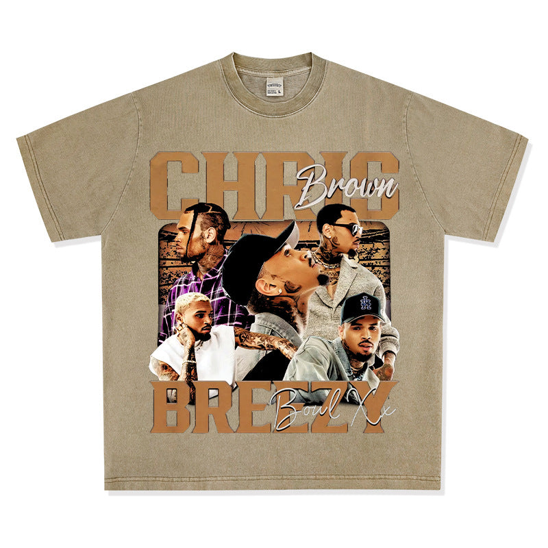 Streetwear masculino vintage hip hop Chris Brown print short-sleeved t-shirt