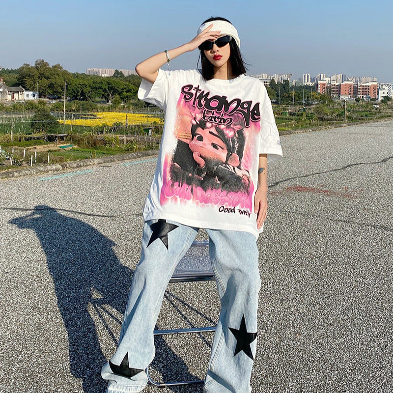Vintage Usa Shirt Cartoon Print Short Sleeve T-Shirt Oversize Top