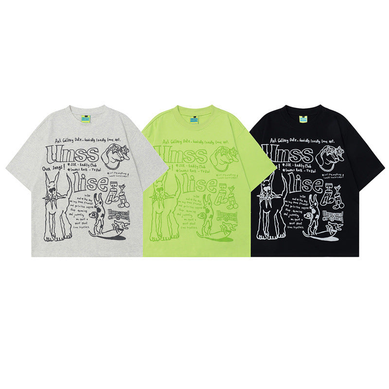 US drip outfits Summer Vintage Alphabet Doggy Print Casual Loose Short Sleeve T-Shirts