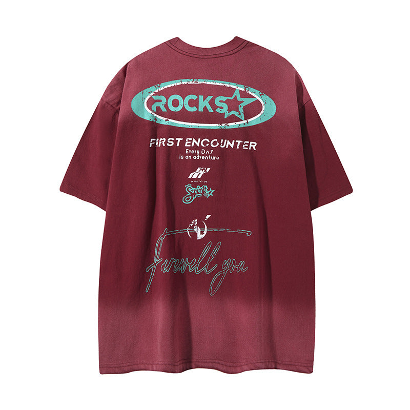 Camisas Retros Vintage Printed Alphabet Washed Old Short Sleeve T-Shirt