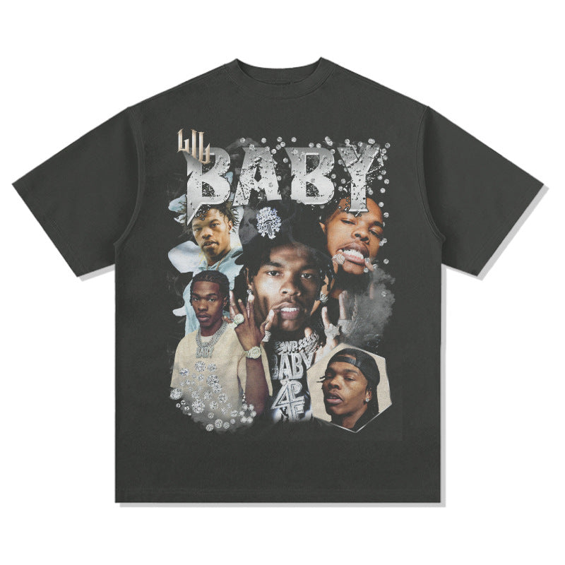 Cool t rapper retro hip hop Lil Baby print short sleeve t-shirt loose crew neck