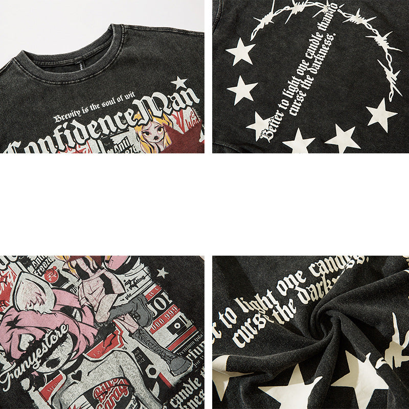 Vintage T Shirts Hip Hop Cartoon Anime Printing Washing Water Old Short Sleeve T-Shirt