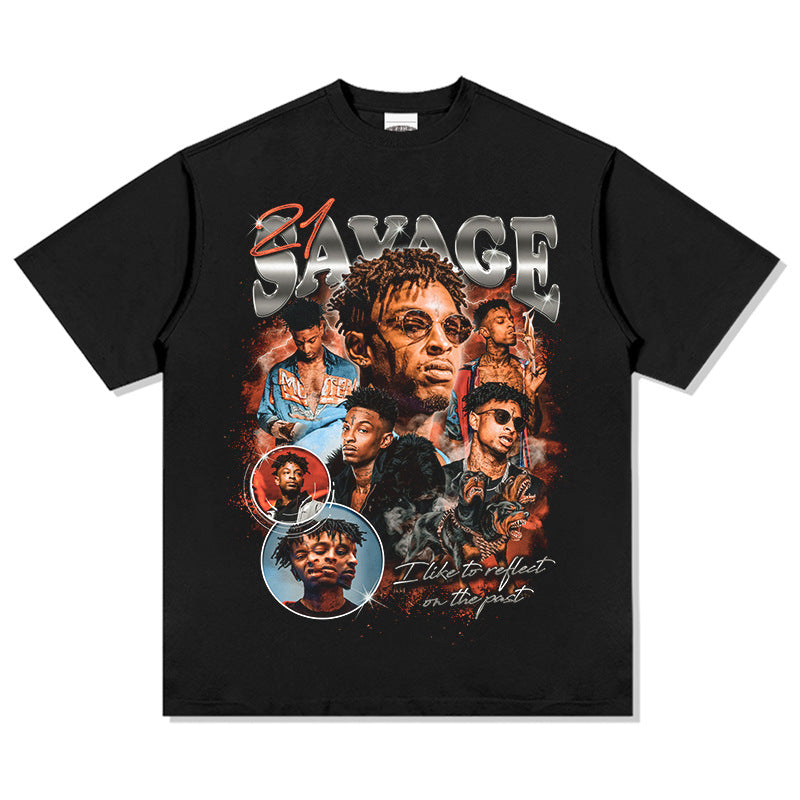 Streetwear masculino vintage 21 Savage print short sleeve hip hop t-shirt