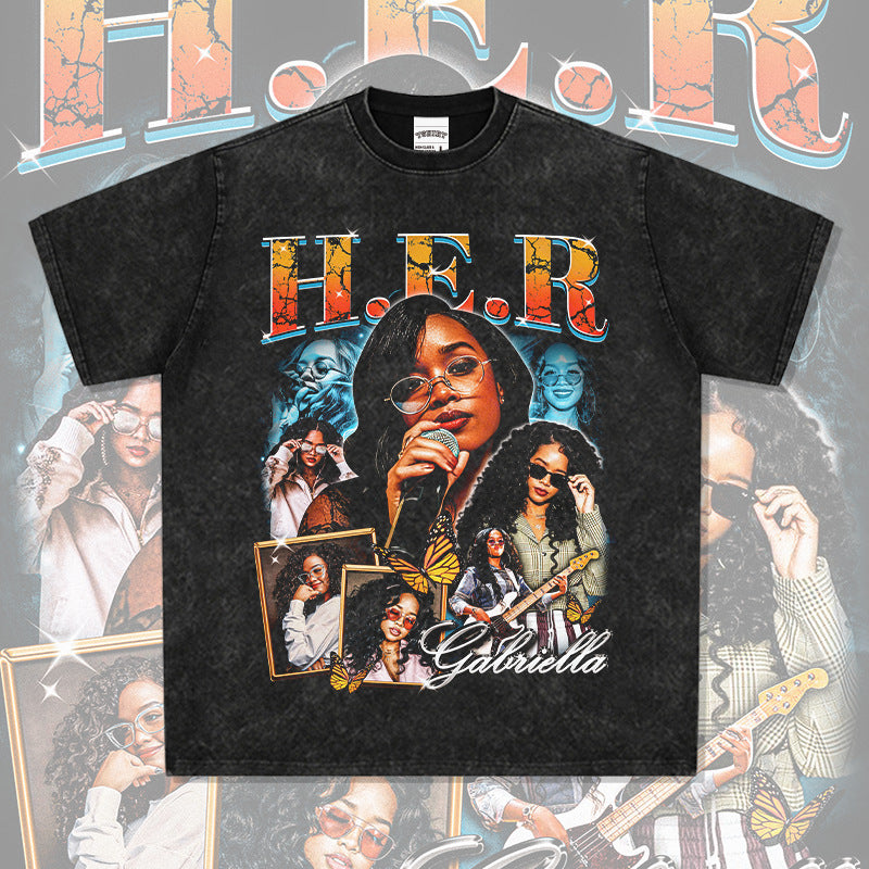 Outfit streetwear vintage hip hop HER print short sleeve t-shirt