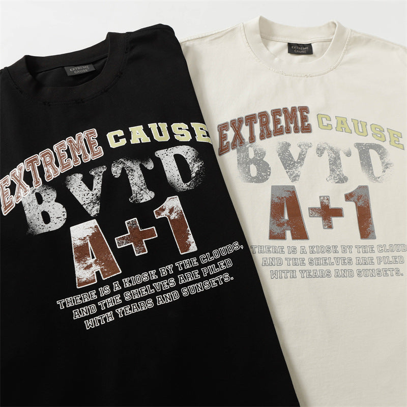 Camisas Retros Washed Old Crew Neck Letter Print Short Sleeve T-Shirt