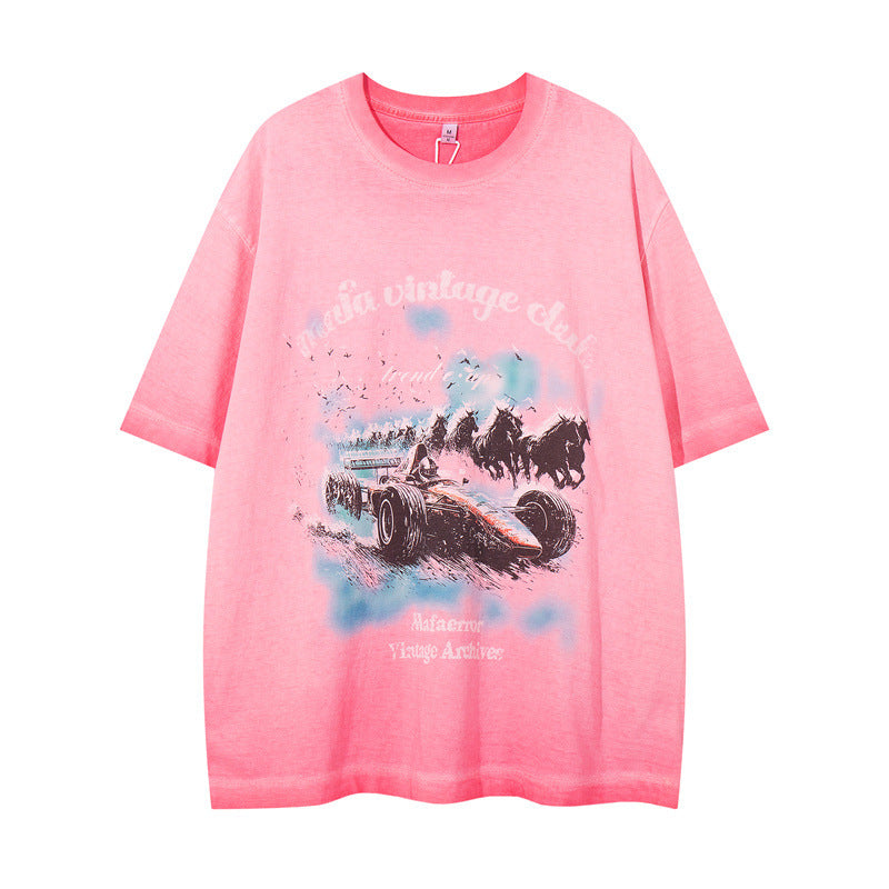US drip outfits Summer Vintage Racing Pattern Casual Loose Short Sleeve T-Shirts