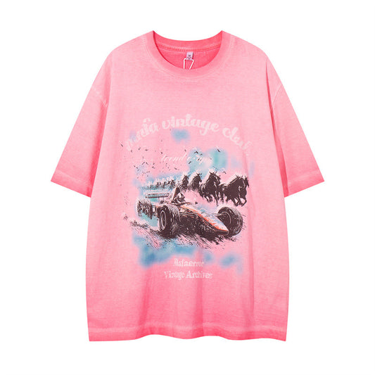 US drip outfits Summer Vintage Racing Pattern Casual Loose Short Sleeve T-Shirts