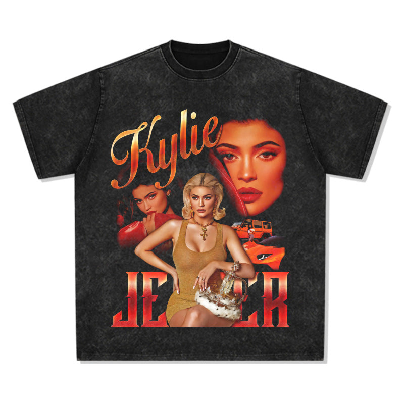 Cool t rapper vintage Kylie print long sleeve short sleeve t-shirt crew neck