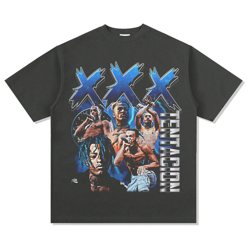 Streetwear masculino vintage hip hop rap XXX Tentacion print short sleeve t-shirt