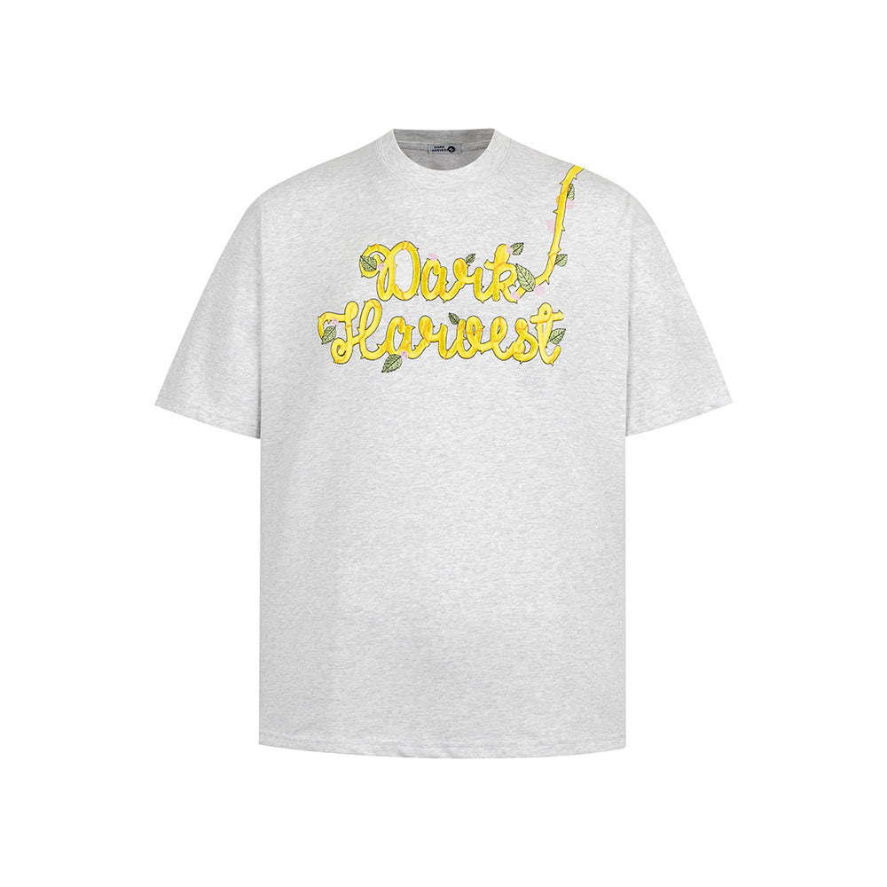New York Hip Hop Style Vintage Floral Embroidery Crew Neck Short Sleeve T-Shirt