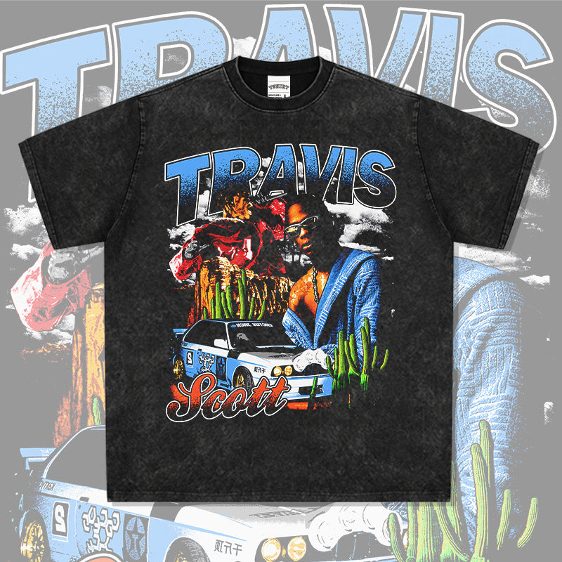 Outfit streetwear vintage hip hop TS scott print short sleeve t-shirt