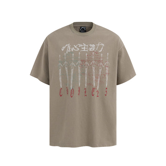 Nostalgia T Shirts Vintage Washed Short Sleeve T-Shirt Summer Sword Print Loose Casual