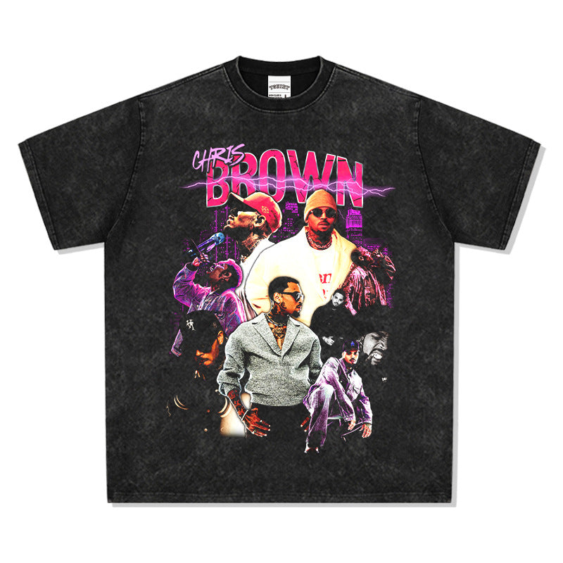 Streetwear masculino vintage hip hop breezy chris brown print short sleeve t-shirt