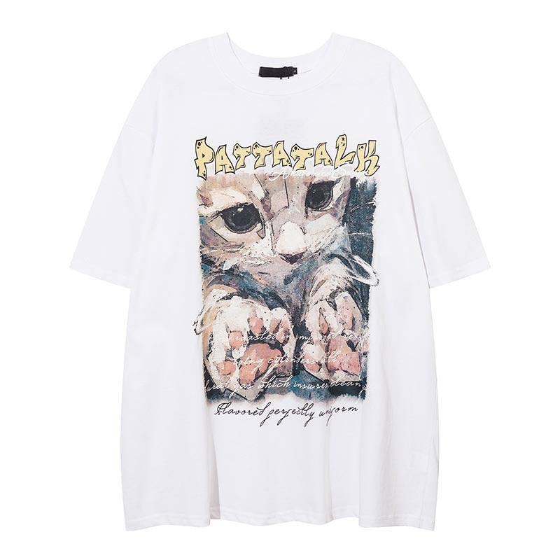 Vintage Usa Shirt Kitten Print Crew Neck Short Sleeve T-Shirt Loose Casual Top