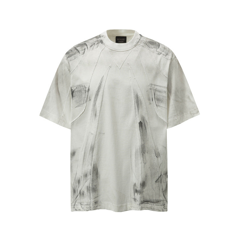 Camisas Retros Vintage Old Dirty Short Sleeve Splicing T-Shirt