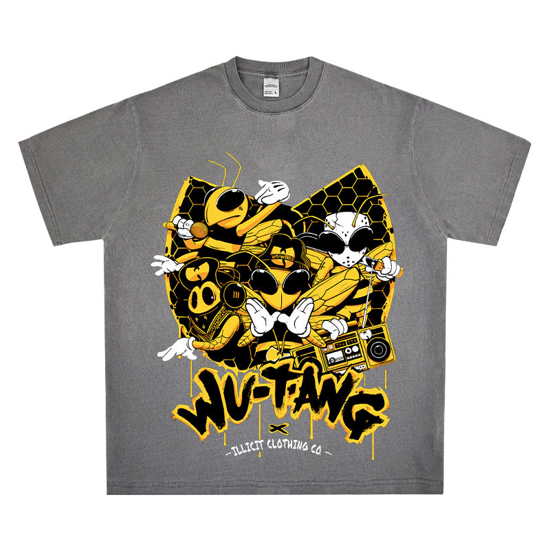 Streetwear masculino wu-tang print vintage short-sleeved t-shirt