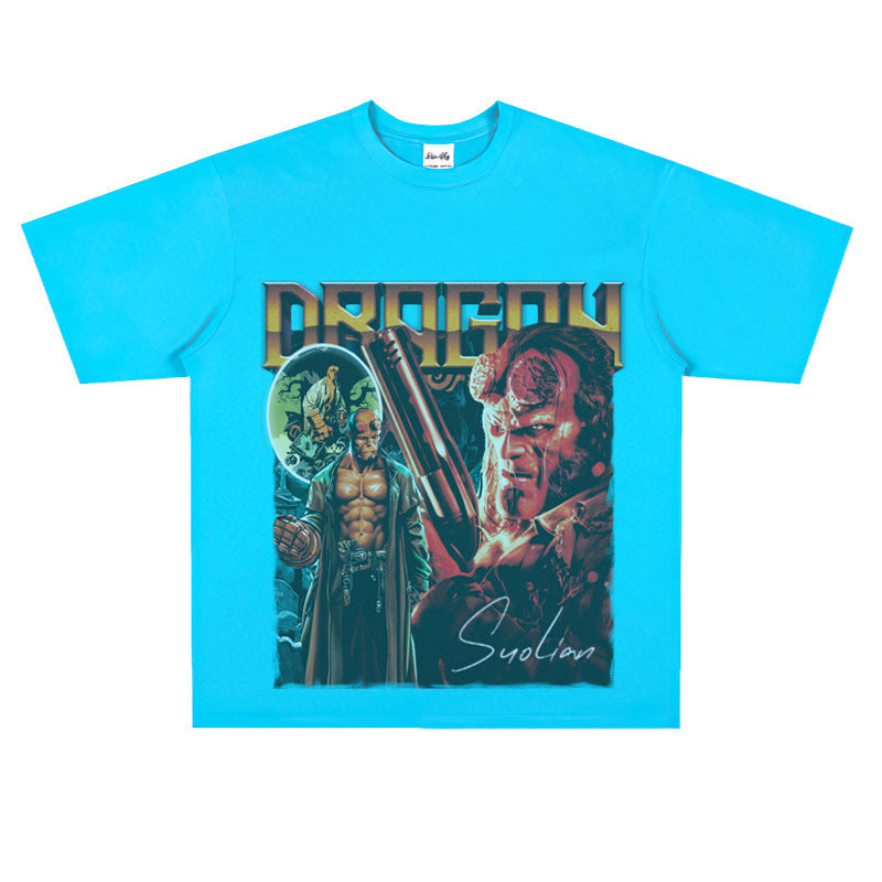 Film Star T Shirt Movie Hellboy Street Style Short Sleeve Loose American Print T-shirt Men and Women