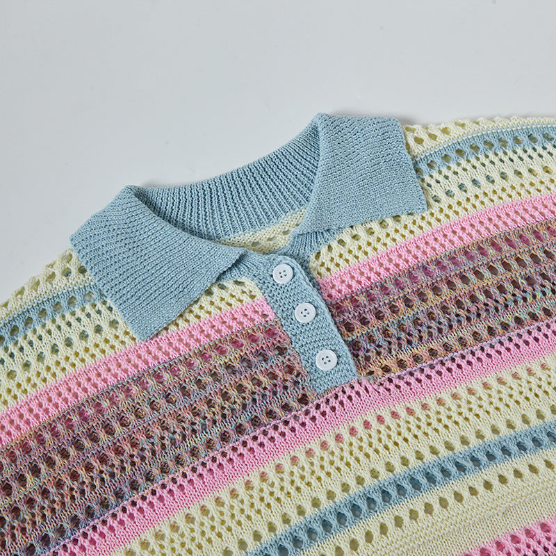 Camisas Retros retro stripes gradual change color spring and summer hollow knit sweater