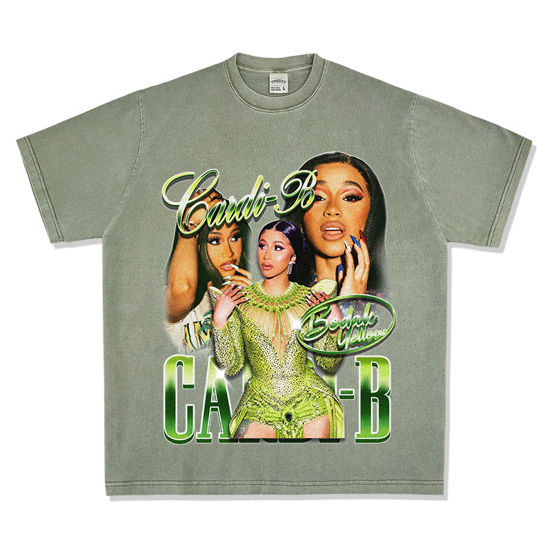 Streetwear Masculino Vintage Long Sleeve Short Sleeve T-Shirt Rap Cardi B Print Top
