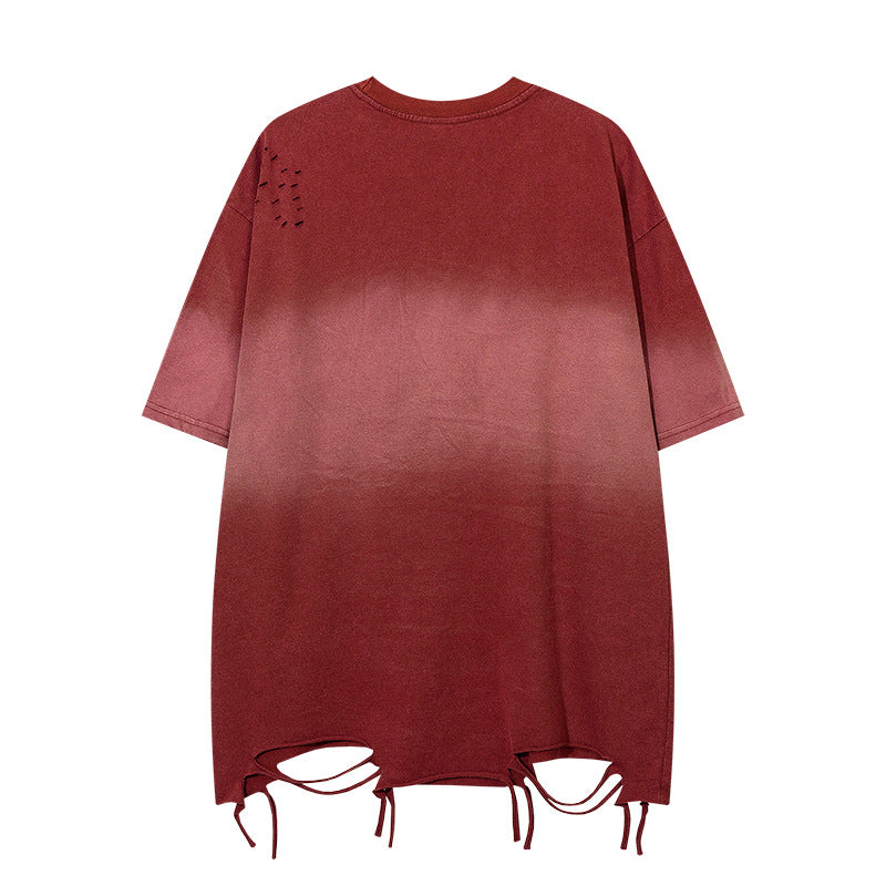 Nostalgia T Shirts Tie-dye gradual change washed hole short sleeve T-shirt