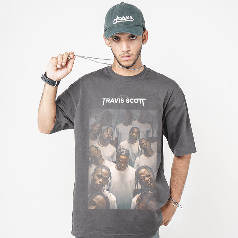 Streetwear masculino hip hop Travis scott rap character print washed do old loose short sleeve t-shirt