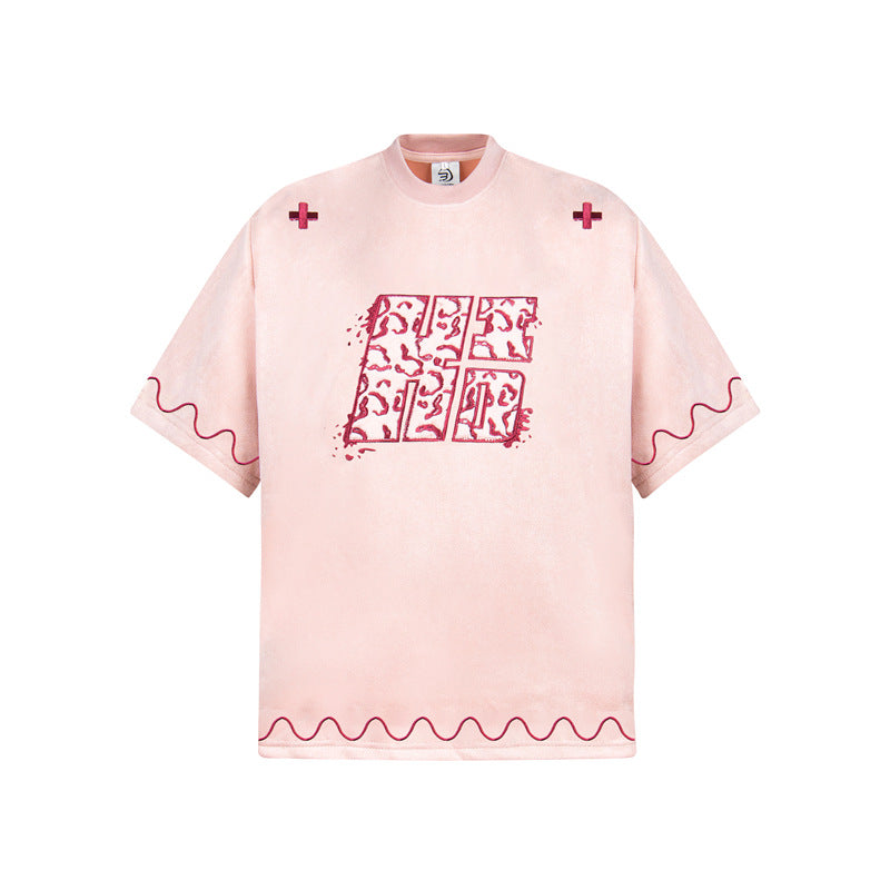 Camisas Retros Cloth Embroidered Short Sleeve T-Shirt Loose T-Shirt