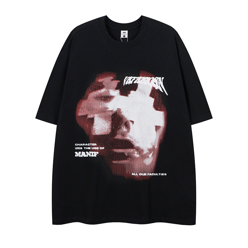 US drip outfits Summer Vintage Blur Portrait Casual Loose Short Sleeve T-Shirts