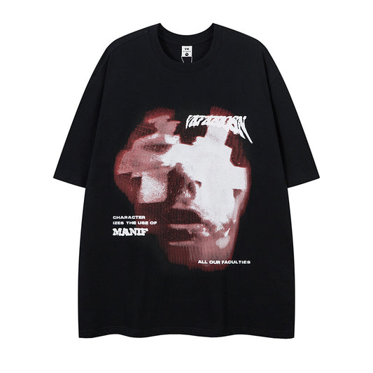 US drip outfits Summer Vintage Blur Portrait Casual Loose Short Sleeve T-Shirts