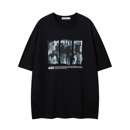 Distorted vintage portrait print short-sleeved t-shirt summer loose casual top