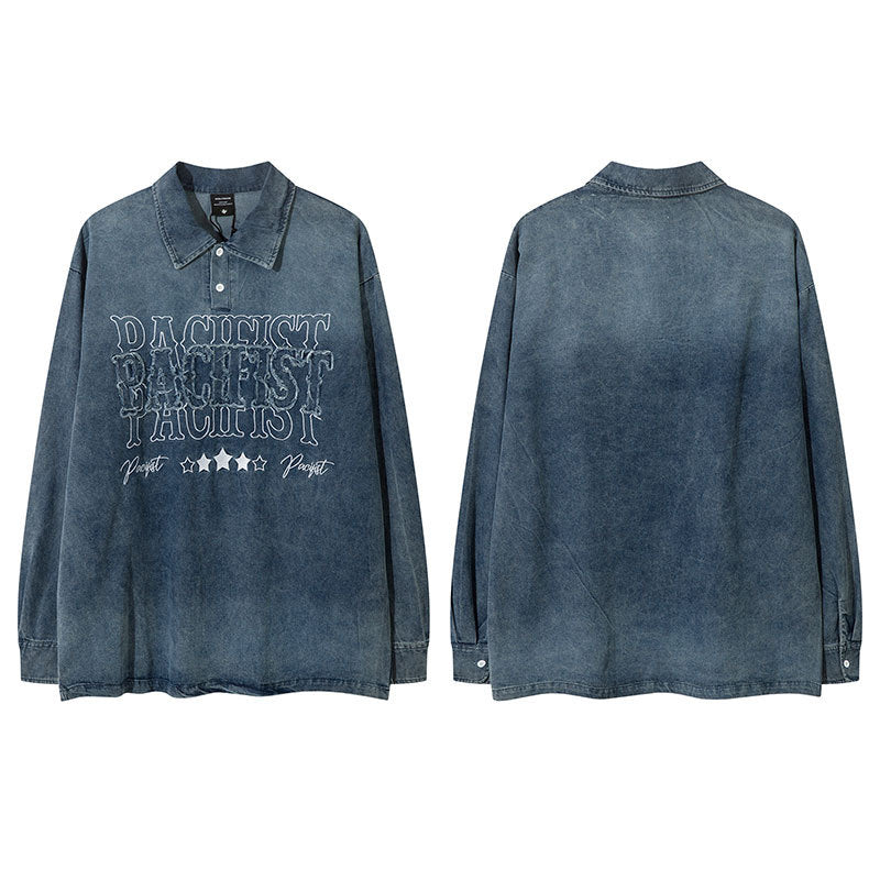 Marcas De Streetwear Washed Denim POLO Vintage Embroidered Lapel Sweater