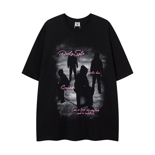 Distorted vintage black shadow portrait print short sleeve t-shirt summer oversize casual top