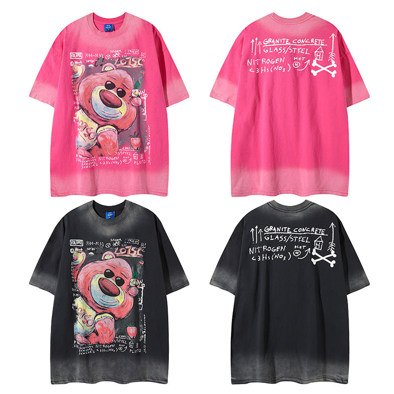 Nyc T Shirt Vintage Strawberry Bear Print Short Sleeve T-Shirt Summer Loose Casual Top