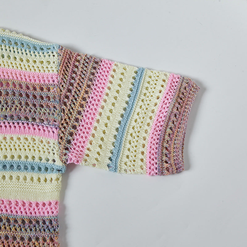 Camisas Retros retro stripes gradual change color spring and summer hollow knit sweater