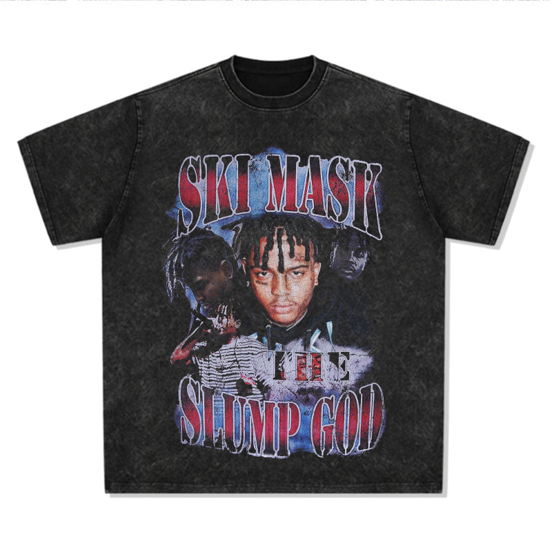 Cool t rapper SKI MASK HIPHOP hip hop character print t-shirt loose Vintage short sleeve top
