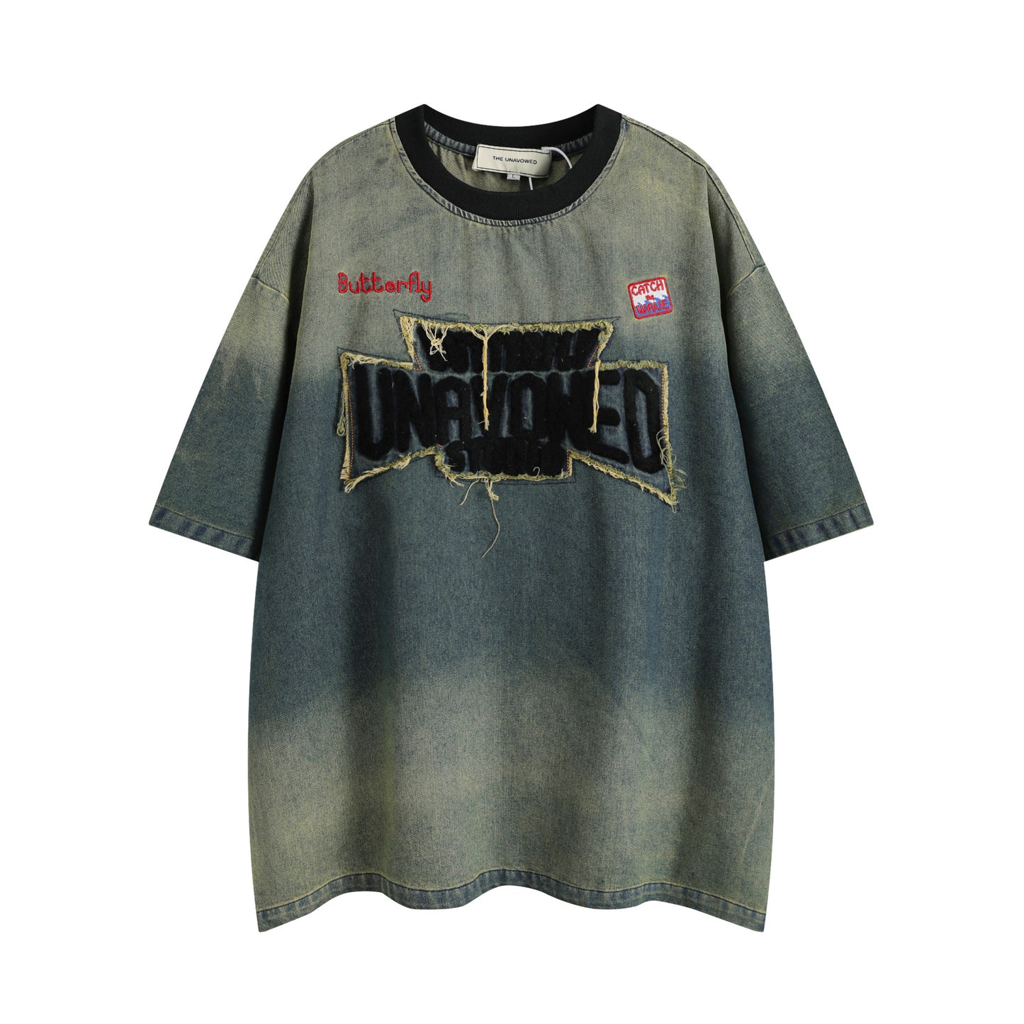 Hip Hop Clothing Vintage Washed Denim T-Shirt Short Sleeve Embroidery
