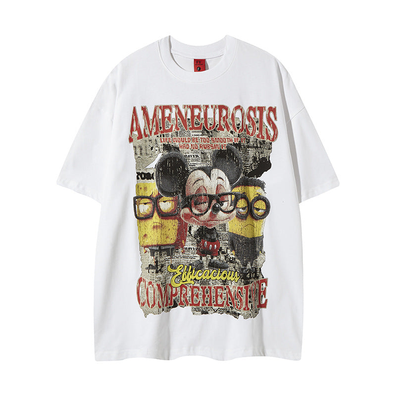 Distorted vintage washed old anime cartoon print short sleeve t-shirt summer loose casual top