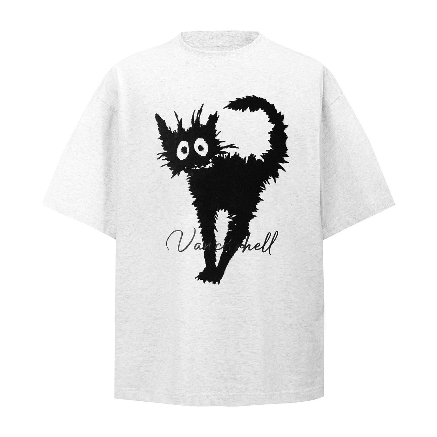 Unisex T-shirts Summer Towel Embroidered Cat Men's Loose Short Sleeve T-Shirt