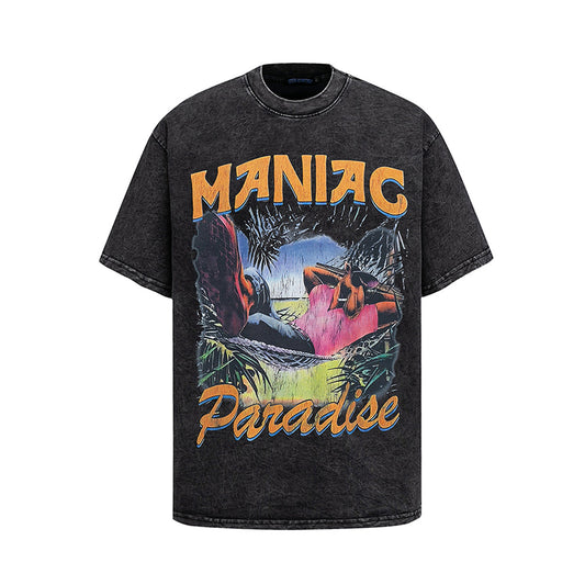 Retro Style Shirt For Men Summer Vintage Cartoon Print Wash T-Shirt Short Sleeve