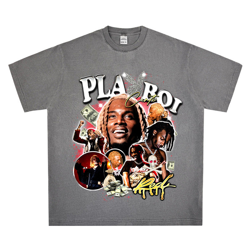Cool t rapper Playbois Carti print hip hop rap short sleeve t-shirt vintage vintage top