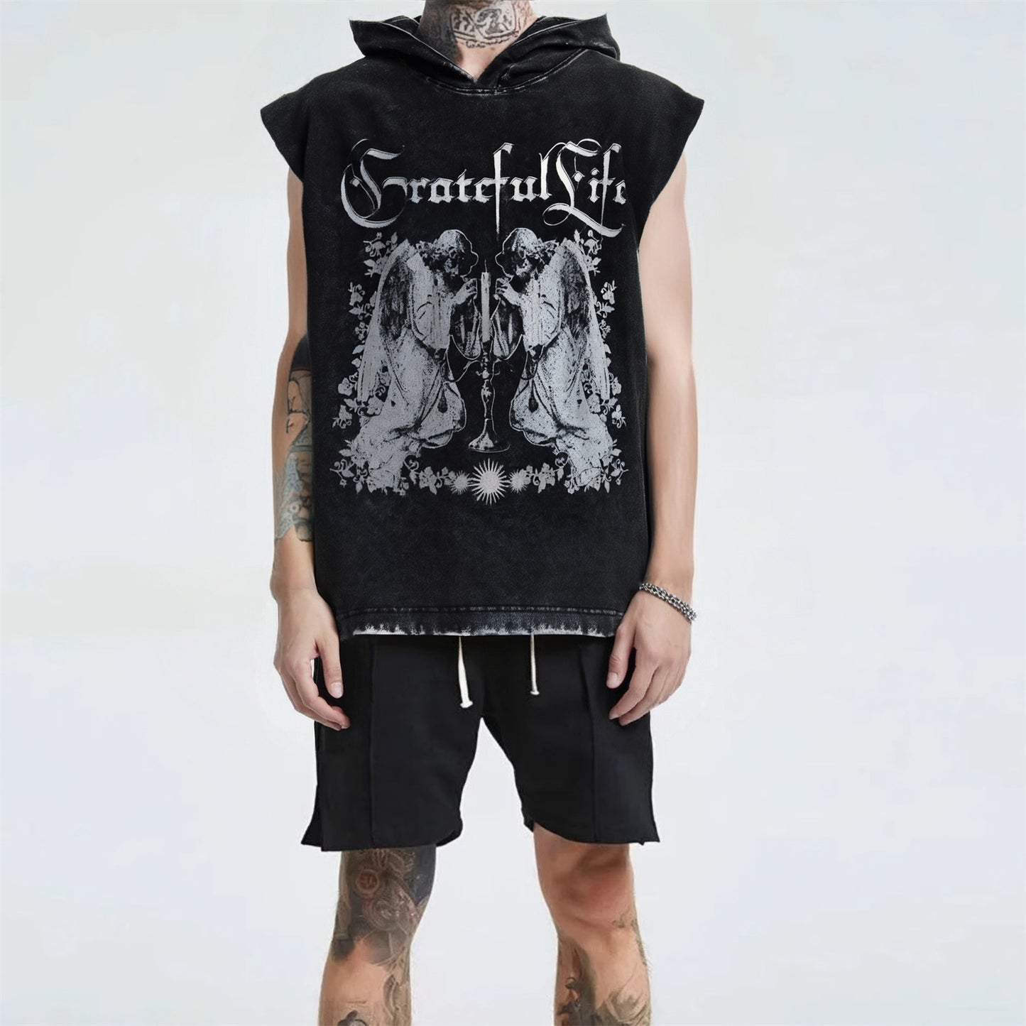 Distorted vintage gothic character print hooded vest made old top