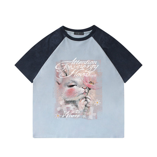 US drip outfits Summer Vintage Bunny Pattern Casual Loose Short Sleeve T-Shirts
