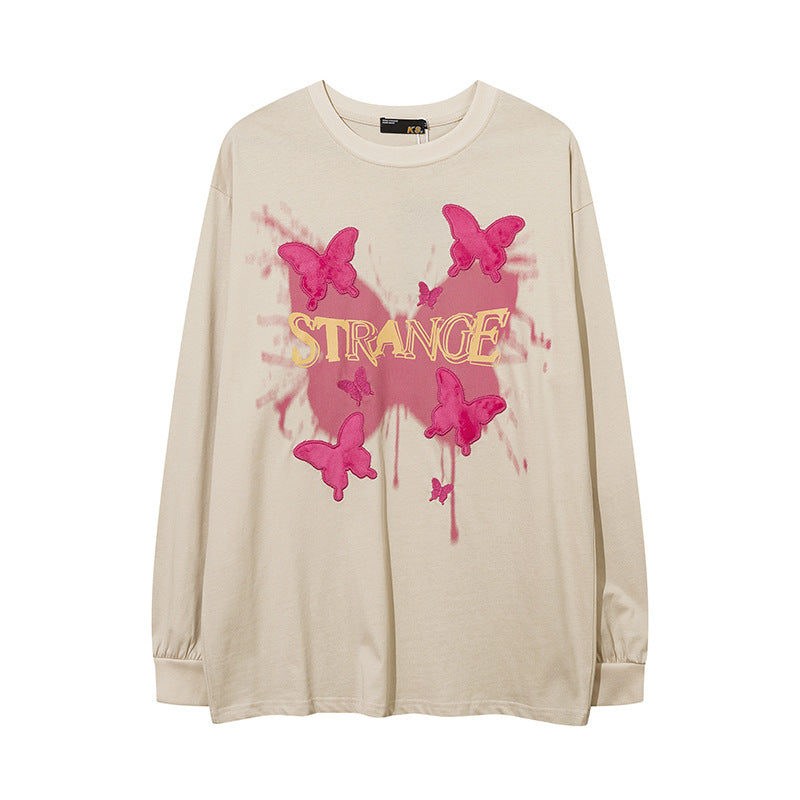 Vintage T Shirts Hip Hop Butterfly Patch Embroidered Long Sleeve T-Shirt