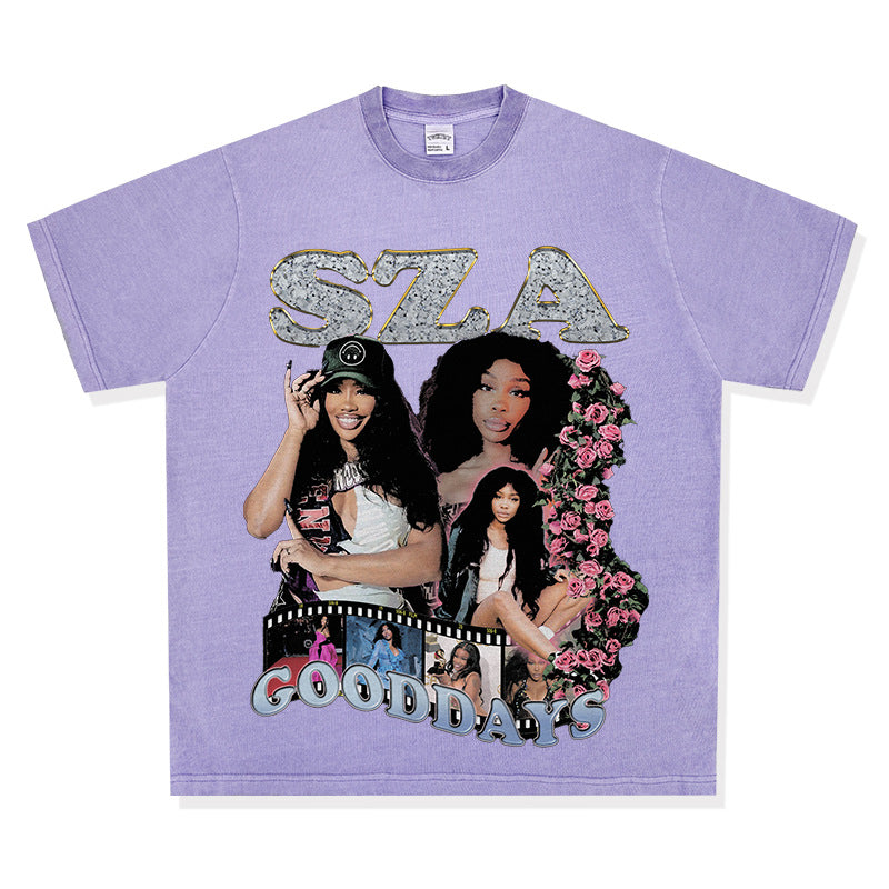 Streetwear masculino vintage rap SZA print short sleeve t-shirt oversize