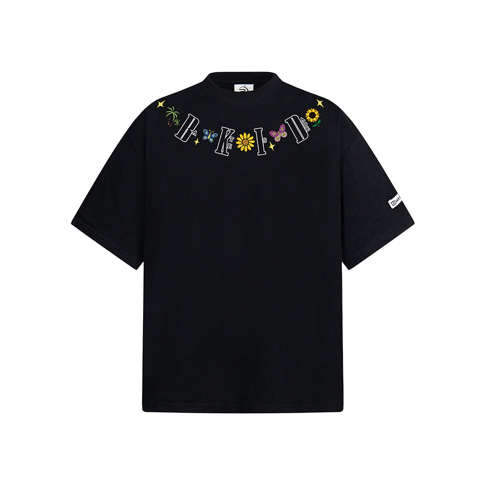 Nostalgia T Shirts Vintage Necklace Butterfly Embroidery Pattern Short Sleeve T-Shirt