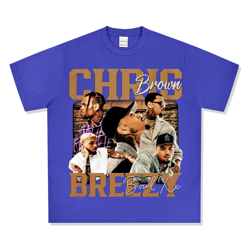 Streetwear masculino vintage hip hop Chris Brown print short-sleeved t-shirt
